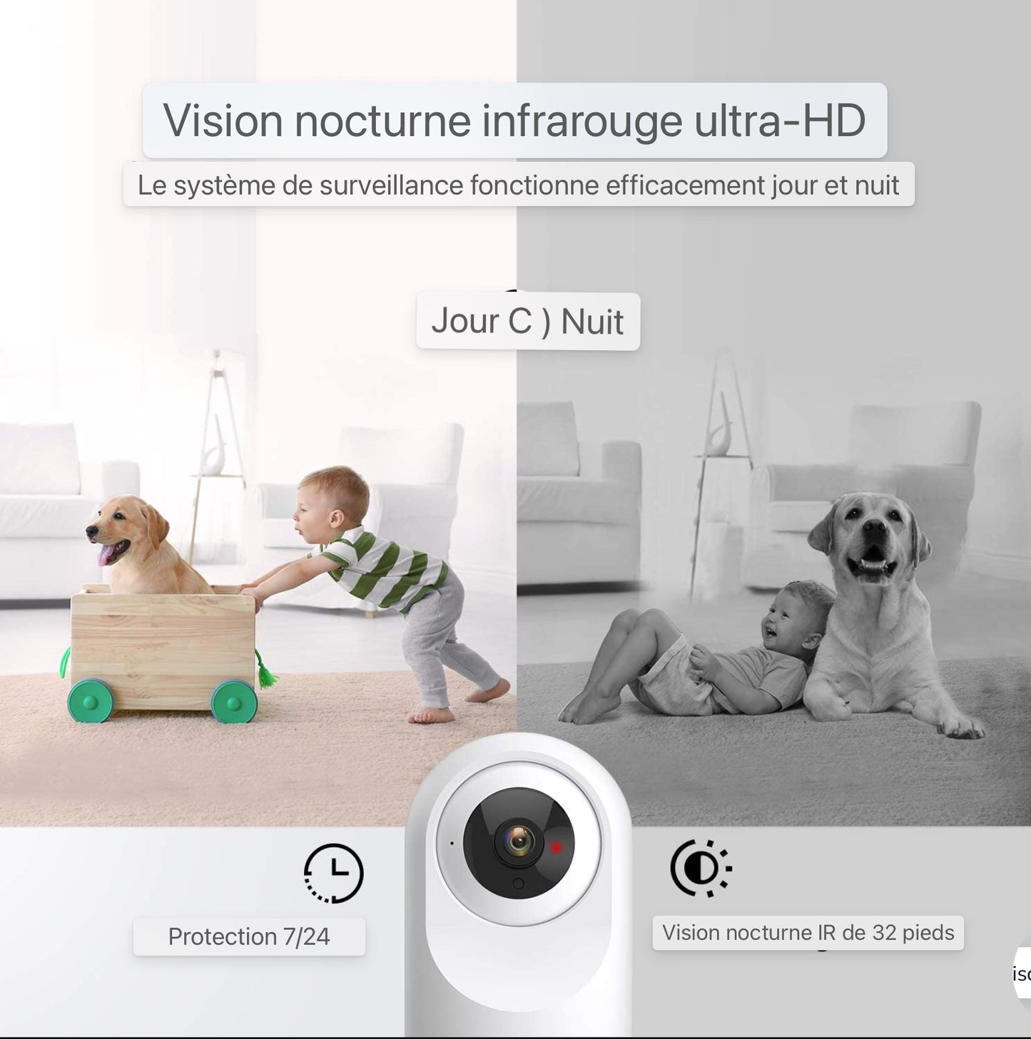 Caméra WiFi pour la sécurité domestique 1080P Pan/Tilt 2.4GHz pour moniteur bébé/animal de compagnie/nounou Vision nocturne Détection de mouvement Audio bidirectionnel Fonctionne avec Alexa