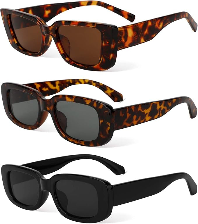 Lunettes de Soleil Rétro Rectangulaires, 3 Pièces Lunettes de Soleil Rétro Lunette de Soleil Vintage Lunettes de Soleil à La Mode Avec Protection UV 400 Lunettes De Soleil Pour Femmes Hommes