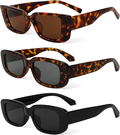 Lunettes de Soleil Rétro Rectangulaires, 3 Pièces Lunettes de Soleil Rétro Lunette de Soleil Vintage Lunettes de Soleil à La Mode Avec Protection UV 400 Lunettes De Soleil Pour Femmes Hommes