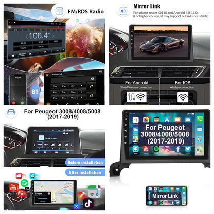 Podofo Android Autoradio pour Peugeot 5008/4008/3008 2017-2020,Auto GPS Navi 9" Écran Tactile WiFi Bluetooth FM RDS Lien Miroir USB Auto Radio Stéréo Lecteur