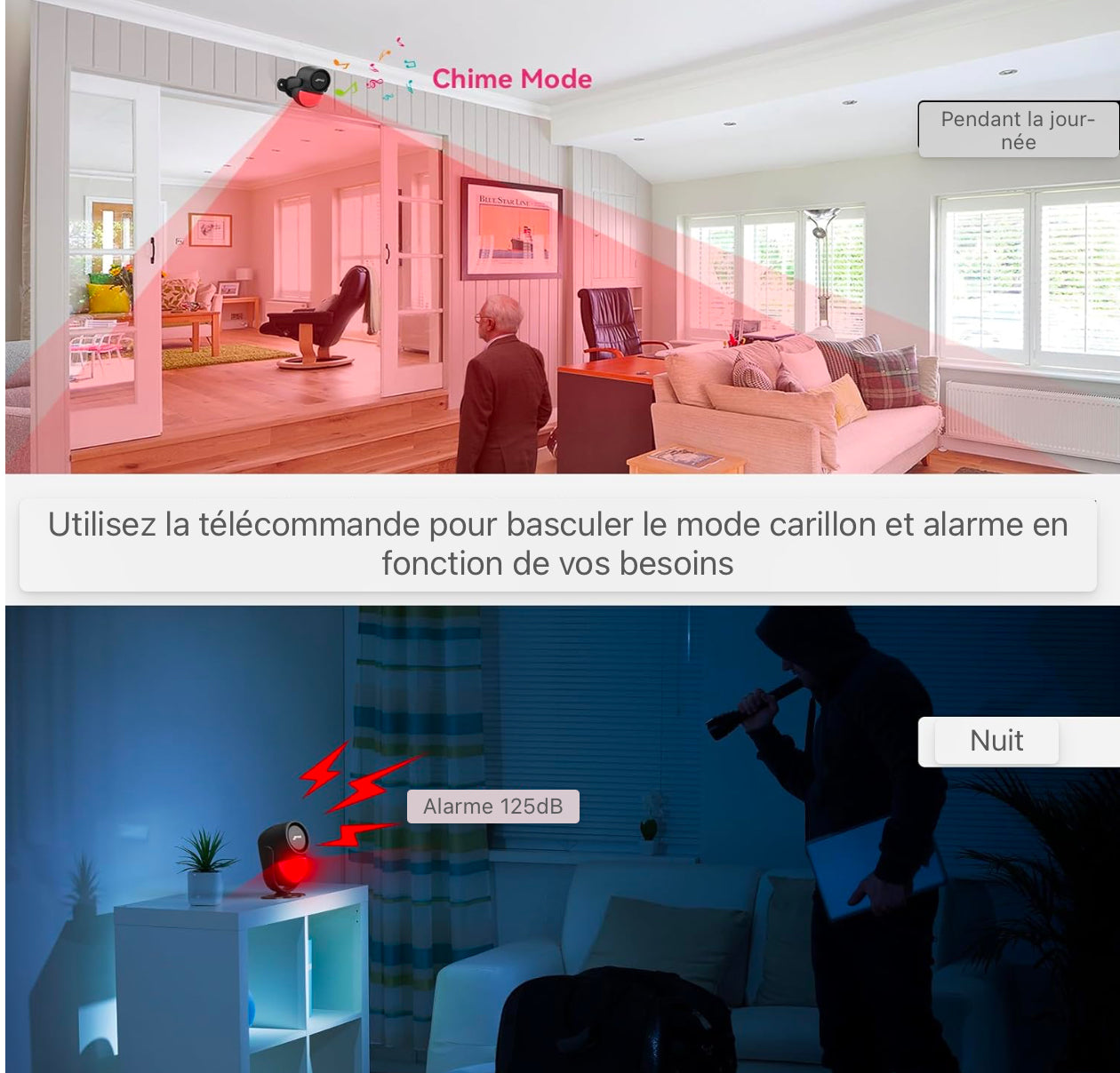 alarme de détecteur de mouvement, capteur de mouvement avec télécommande, 125 dB, système d'alarme antivol pour maison, camping-car, garage, bureau, appartement, voiture, magasins, Noir