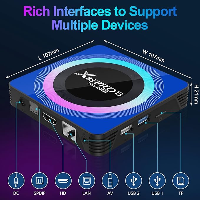 Android 13.0 TV Box, Smart TV Box 2GB RAM 16GB ROM RK3528 Quad-Core 64bit Cortex-A53 GPU Mali 450 MP2, Boitier TV Support 8K Ultra HD WiFi 2.4/5.0GHz