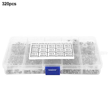 Ensemble de vis à bouton plat hexagonal de 320 pièces, M2 M3 M4 M5 Vis à tête fraisée 304 Vis en acier inoxydable Écrous et rondelles Ensembles d'assortiment avec boîte de rangement