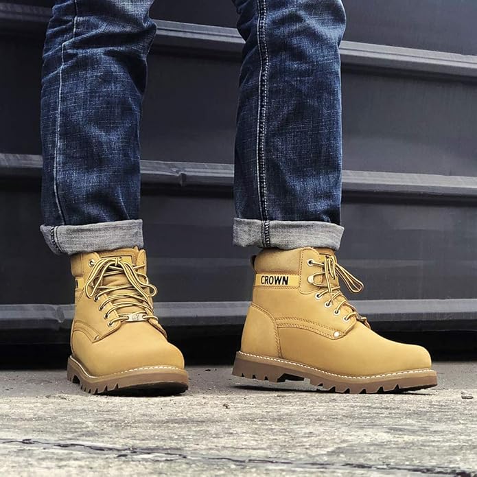 CAMEL CROWN Bottes à lacets Bottes de combat pour hommes Bottes de travail Bottes pour hommes Chaussures de travail en cuir Bottes de travail classiques à tige courte pour extérieur Bottes de loisirs antidérapantes