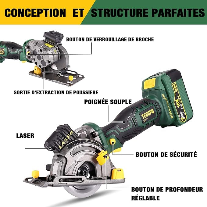Scie Circulaire sans Fil TECCPO, 18V 4.0Ah Batterie, 4.0A Chargeur Rapide, Guide de Laser, Boîte de Transport, Vitesse 3,100 RPM, 3 Lames Ø 89mm, Convient à la Coupe du Bois, du Métal, des Carreaux