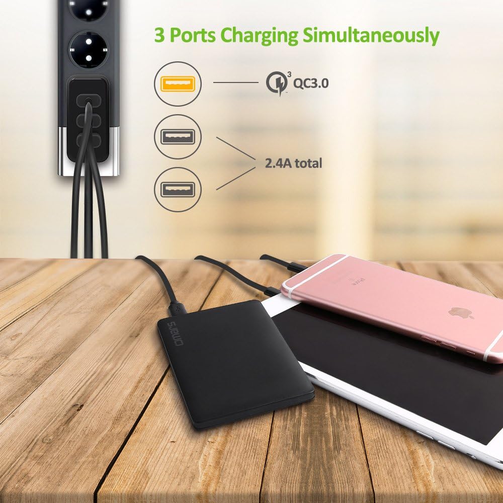 Omars Chargeur USB Secteur 30W, 1 x USB Quick Charge 3.0 & 2 x USB 5V 2.4A Total, Chargeur Mural Universel pour Samsung Galaxy S8 S8+ Note 8, HTC 10, LG G5 G6 Charge Rapide, iPhone X 8 8 Plus (Noir)