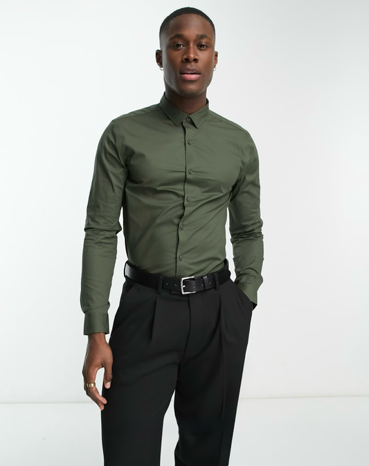 New Look - Chemise moulante manches longues en popeline - Kaki