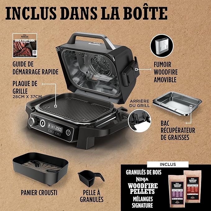 Ninja Woodfire barbecue électrique, grill, fumoir & air fryer, barbecue extérieur 7 en 1, grill, air fryer, fumer, rôtir, four, résistant aux intempéries, antiadhésif, portatif, gris/noir OG701EU