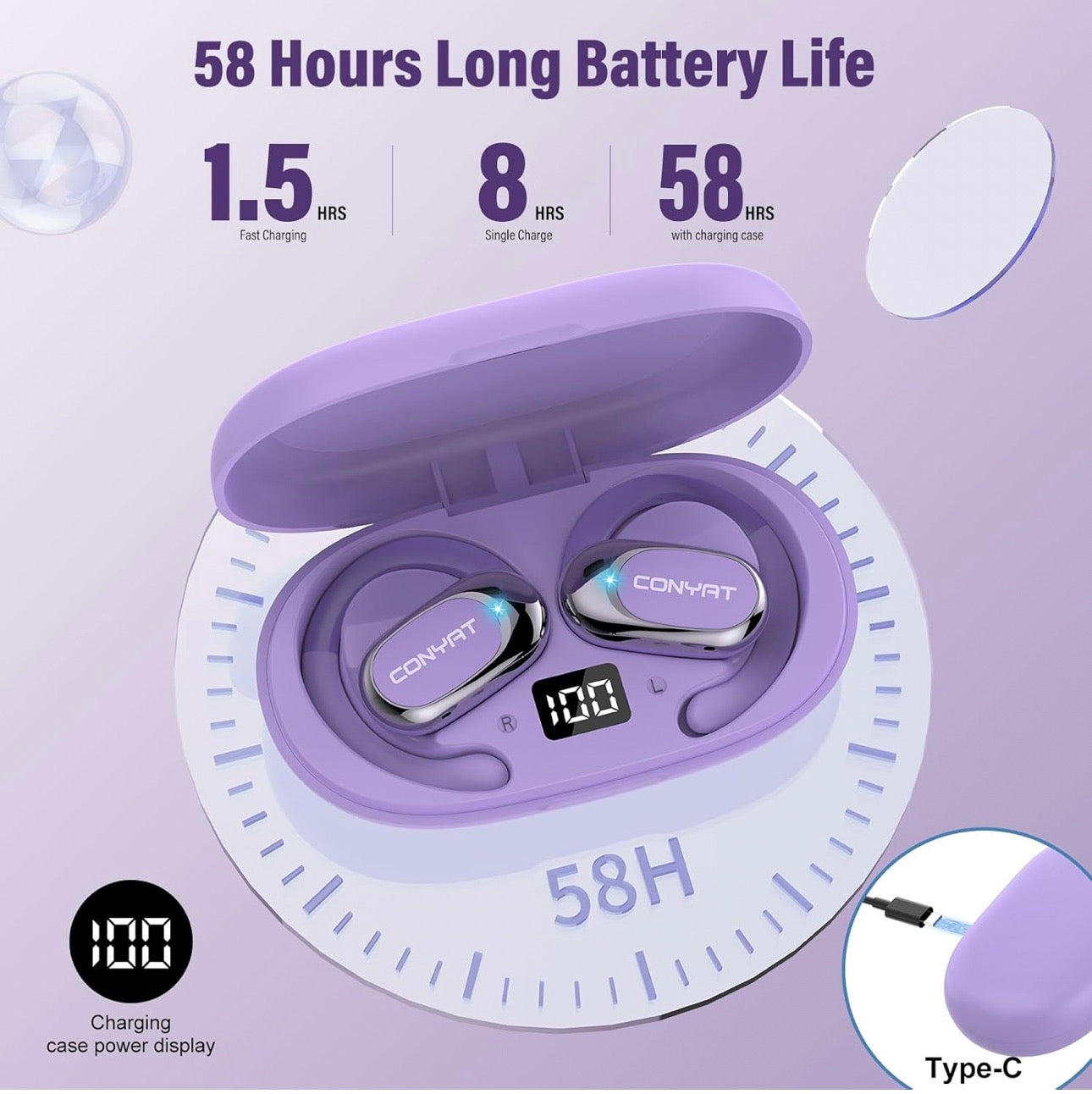 AI Ecouteur Traducteur Instantané, 58H Bluetooth 5.4 Ecouteurs sans Fil Open Ear avec 164 Langues, 3 en 1 Écouteur Traduction Vocale Instantanée, 7 Modes de Traduction, pour Affaires, Violet