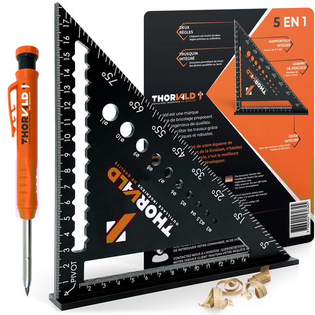 5 en 1 Equerre Menuisier 180 mm - Inclus Crayon Chantier - Multifonction : Trusquin / Raporteur / Gabarit de percage / Equerre a chapeau - Aluminium