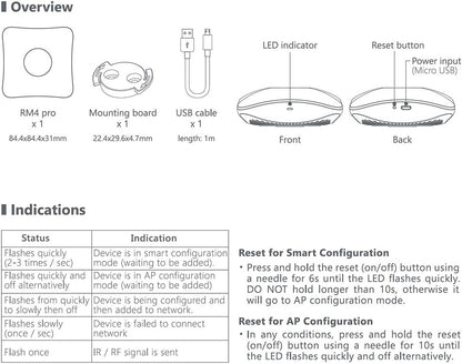 BroadLink RM4 Pro Télécommande Universelle IR et RF, Codes d'apprentissage de la télécommande WiFi pour la Maison Intelligente et Les appareils ménagers TV, STB, AC, Moteur de Rideau Compatible Alexa