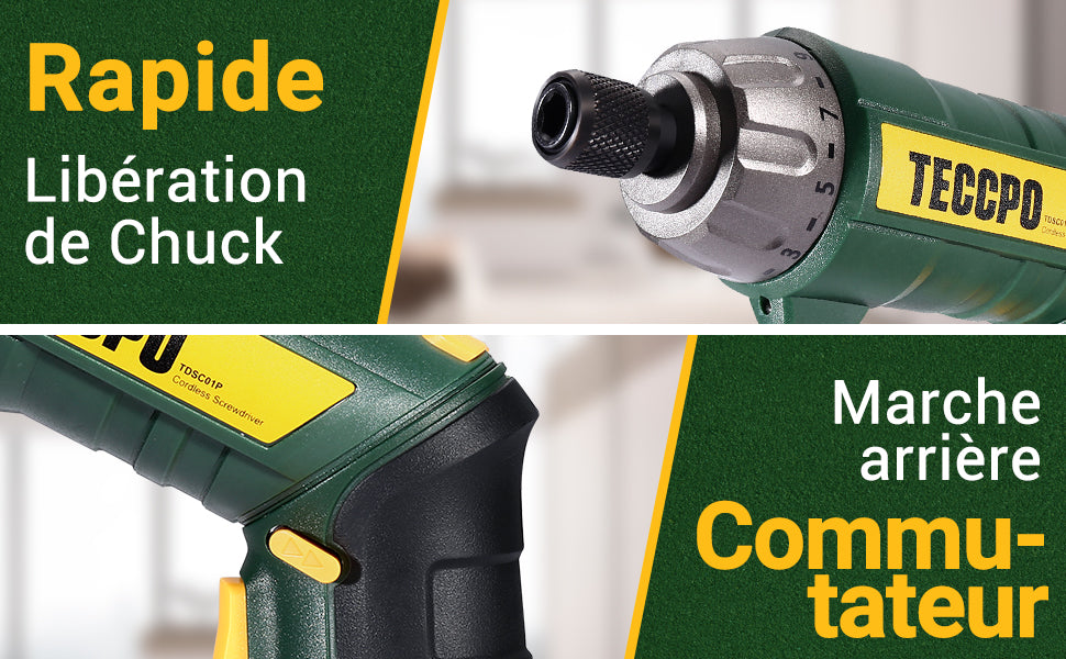 Visseuse sans Fil 6Nm, TECCPO Tournevis sans Fil, 2000mAh avec 45 accessoires, 2 Lampe LED, Chargeur USB, 9+1 Reglages du Couple, 2 Position Poigne Reglable, Boîte Compacte, Meilleur Cadeau DIY …