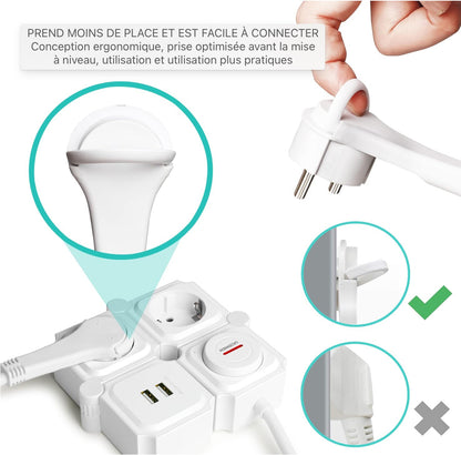 Multiprise Protection contre les surtensions Prise multiple avec fonction de charge USB, adaptateur de prise à 2 compartiments, répartiteur de prise à rotation de 180 degrés pour voyage avec interrupteur, à la maison 3680W 16A, blanc