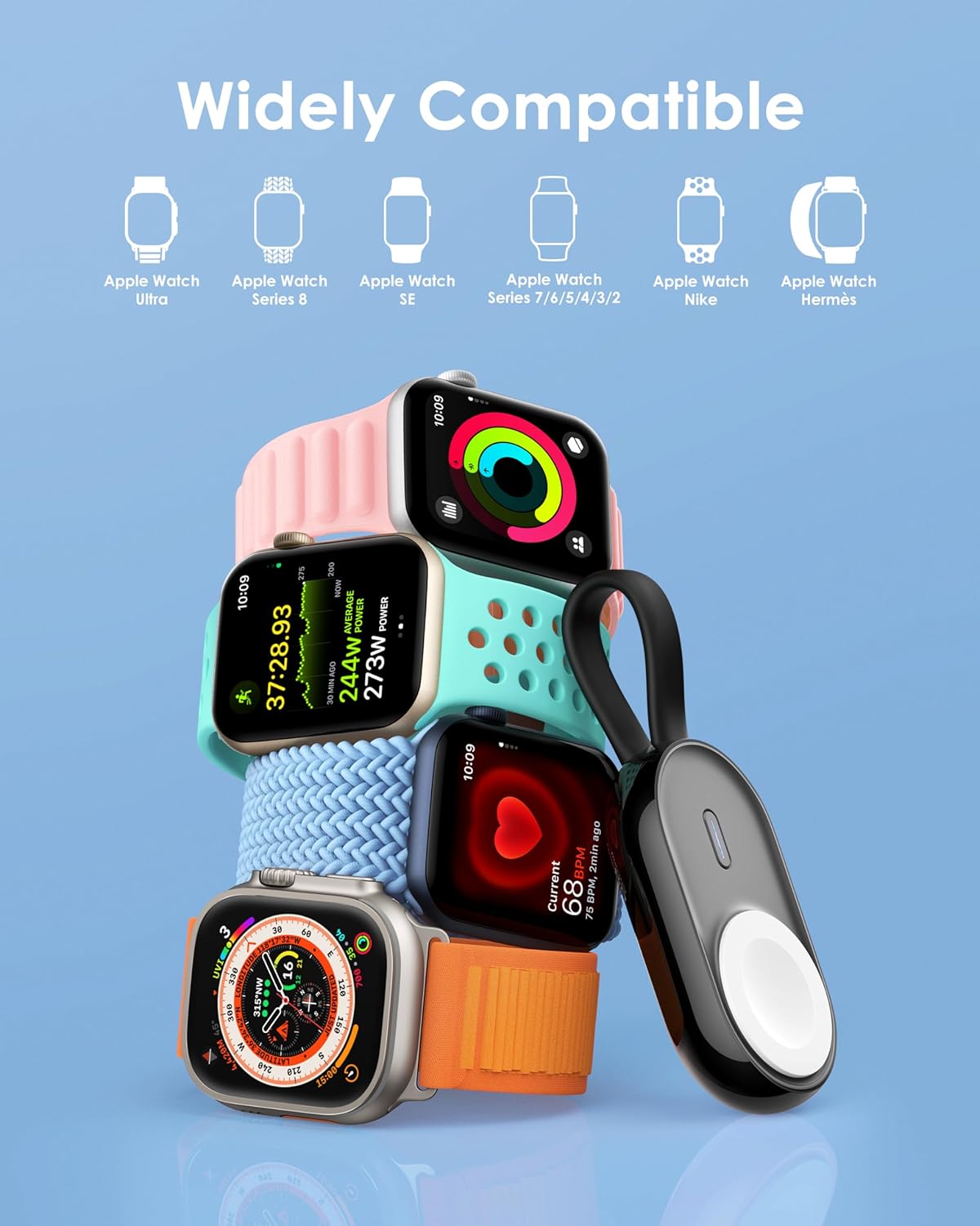 Chargeur sans Fil Portable pour Apple Watch Series 8/UItra/7/6/5/4/3/2/SE/Nike,1200mAh iWatch Keychain Charger Power Bank avec câble intégré (Noir)