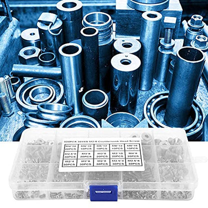 Ensemble de vis à bouton plat hexagonal de 320 pièces, M2 M3 M4 M5 Vis à tête fraisée 304 Vis en acier inoxydable Écrous et rondelles Ensembles d'assortiment avec boîte de rangement