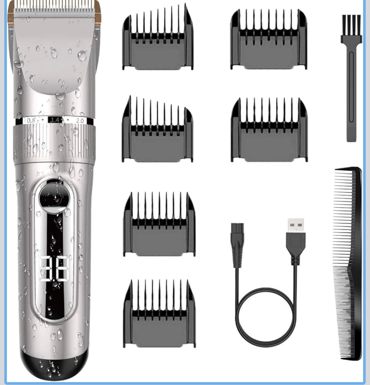 Tondeuse à Cheveux Hommes Professionnel Sans fil IPX7 Tondeuse Homme Rechargeable à 2 Niveaux de Vitesse Écran LCD et Lame Céramique avec 2 peignes à favoris et 4 Peigne 3/6/9/12 mm