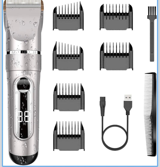 Tondeuse à Cheveux Hommes Professionnel Sans fil IPX7 Tondeuse Homme Rechargeable à 2 Niveaux de Vitesse Écran LCD et Lame Céramique avec 2 peignes à favoris et 4 Peigne 3/6/9/12 mm
