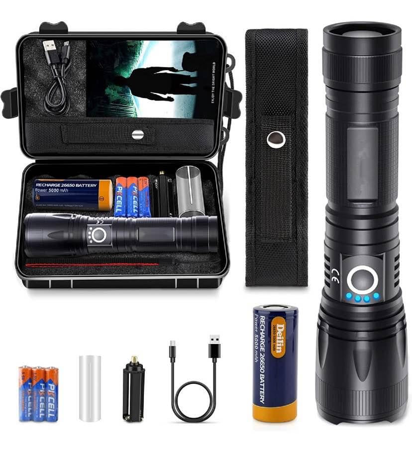 Lampe Torche Led Ultra Puissante, 10000 Lumens Zoomable étanche à l’eau neuve piles/rechargeable