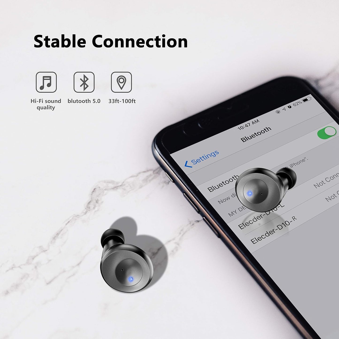 ELECDER D10 True Ecouteurs sans Fil Bluetooth 5.0 Casque sans Fil avec Microphone, Casque de Sport avec étui de Chargement pour Entraînement, Course, Support pour Smartphones Android/iPhone (Noir)