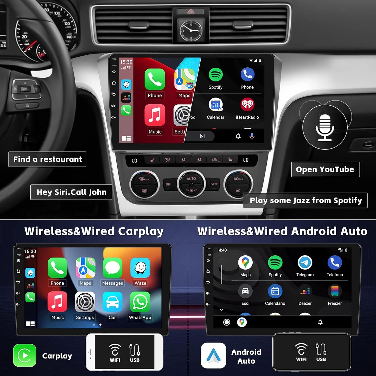 CAMECHO Android 11 Autoradio pour Volkswagen Passat 2012-2015, 2G+32G, Wireless Carplay Android Auto, 10.1" HD écran Double Din Bluetooth avec GPS HiFi Support FM RDS SWC + AHD Caméra de recul
