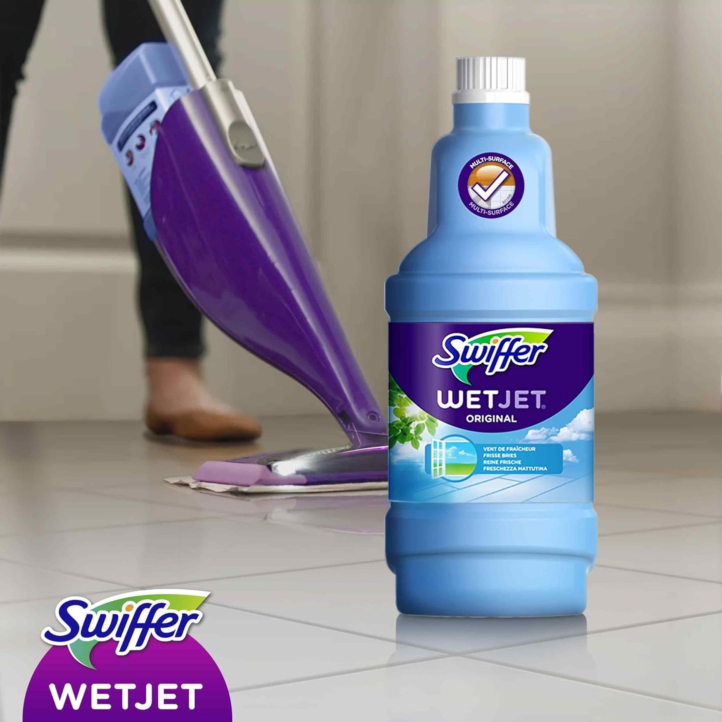 Swiffer WetJet Nettoyant Sol pour Balai Spray, Vent de Fraicheur, 5L (4 unités x 1.25L), Nettoyant