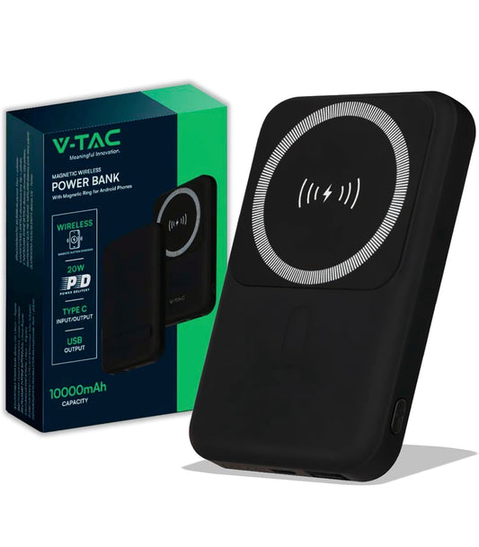 V-TAC Power Bank Magnétique Compatible avec MagSafe - 10 000 mAh - Charge Rapide PD 20 W - Batterie Externe pour Apple iPhone 12/13/14/15/Mini/Pro/Max - Noir