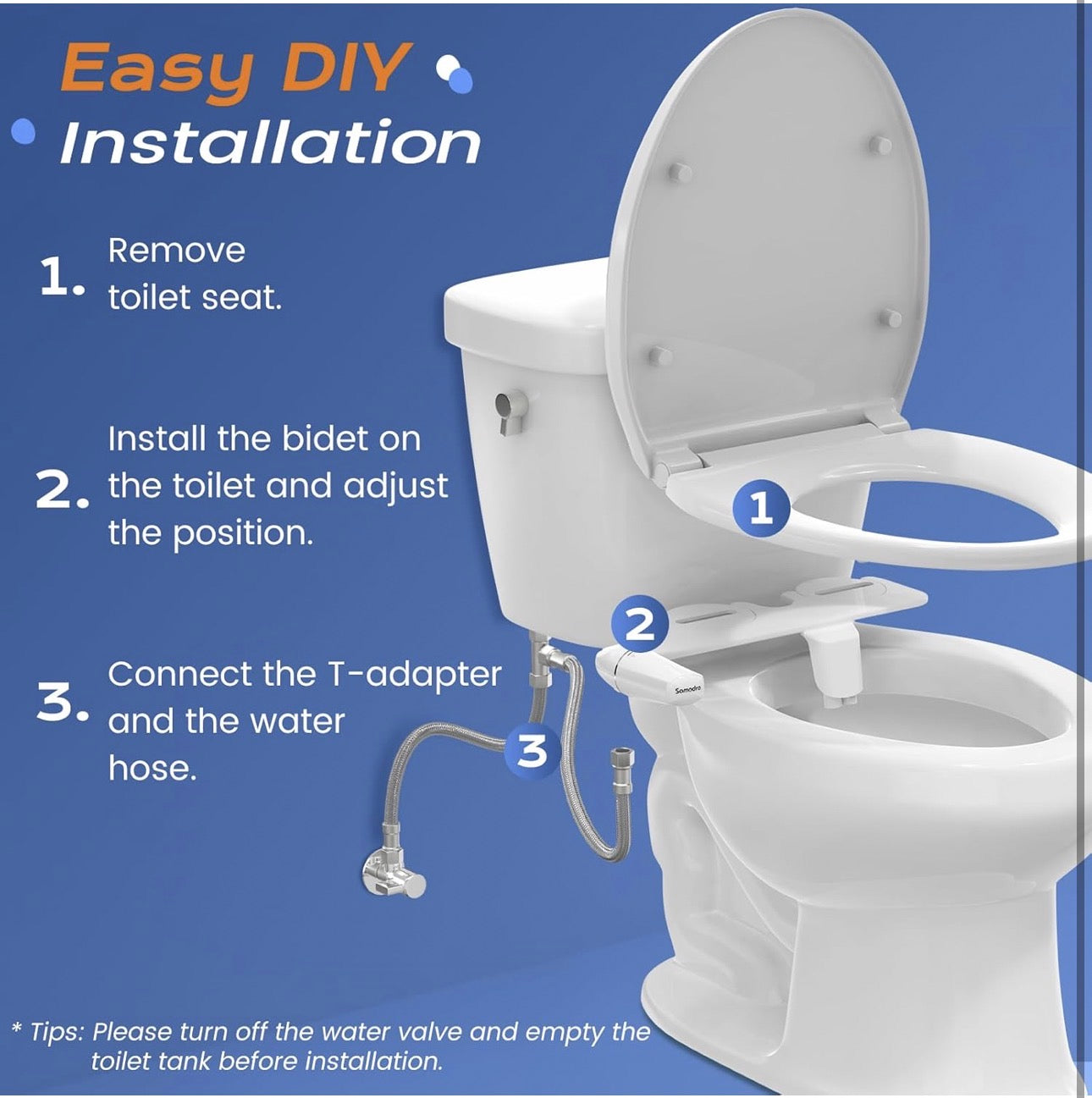 Samodra Classic 7.0 - Pulvérisateur pour bidet, WC ultra fin avec double buse non électrique, pression de l’eau réglable, fixation de bidet d’eau froide pour toilettes, installation facile à domicile