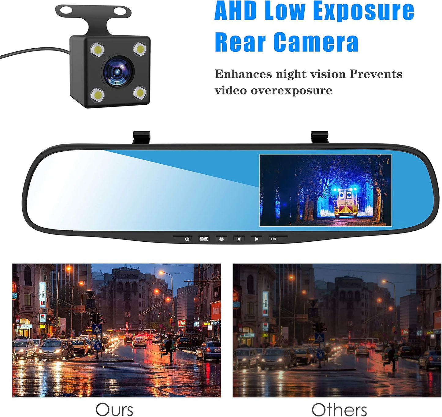 Dash cam 4.3 "1080p à Double Objectif Voiture Auto DVR Miroir Dash Cam enregistreur + Kit caméra de Vue arrière
