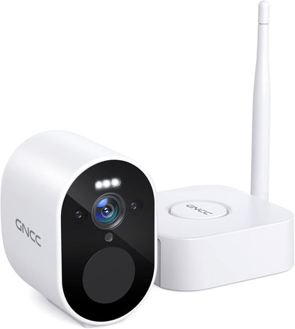 GNCC W1 Caméra de sécurité sans fil avec passerelle, alimentation par piles 2,4 G, caméra de sécurité domestique avec projecteur, vision nocturne couleur FHD 1080p, détection PIR, étanche, sans frais mensuels
