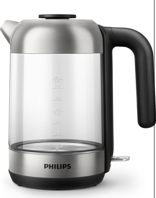 Philips Série 5000 Bouilloire Électrique en Verre - Capacité 1,7L, Résistance Plate pour Ébullition Rapide, Tamis Anti-Calcaire, Base 360° Sans Fil, Couvercle Amovible, Voyant Bleu (HD9339/80)