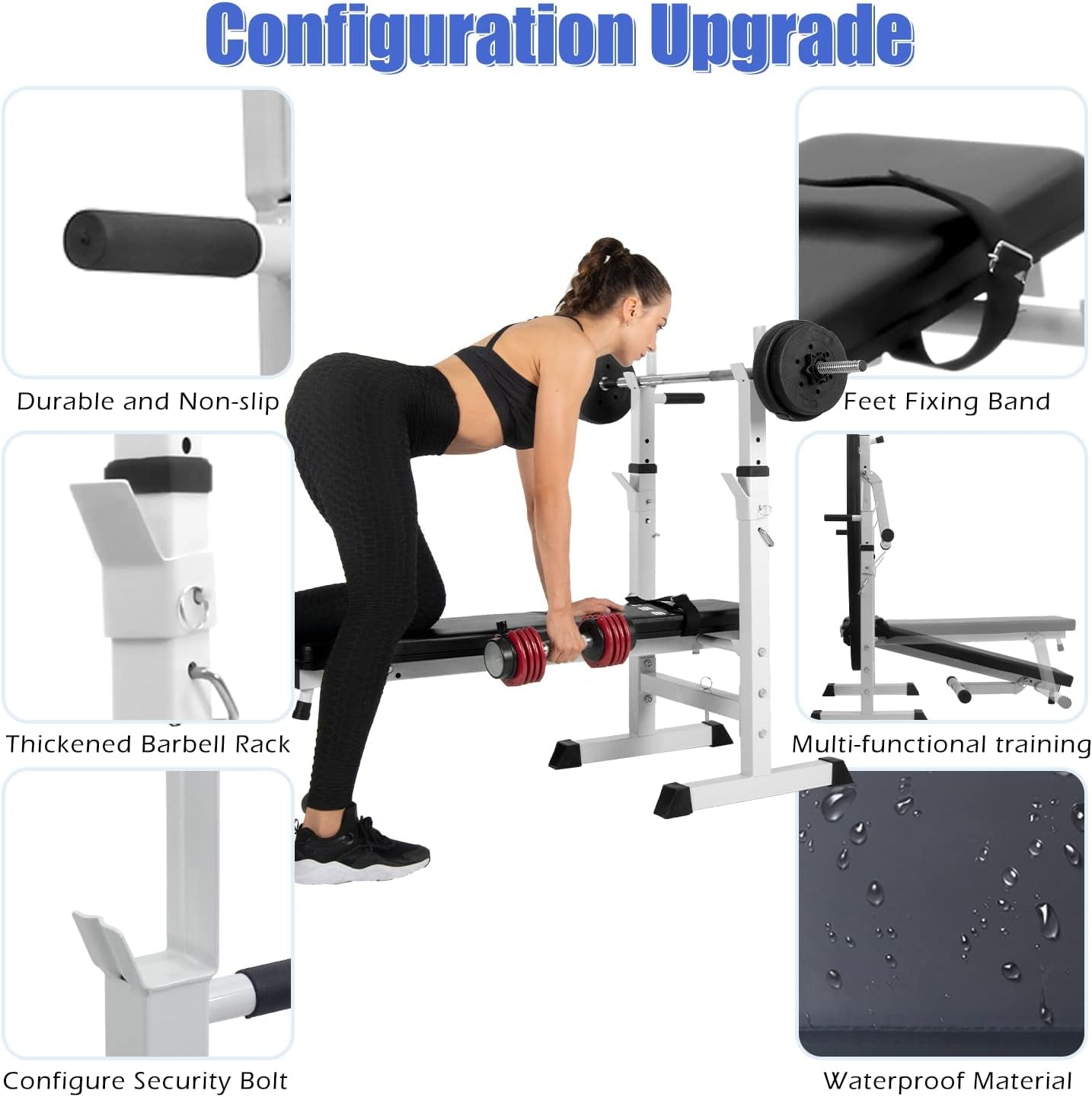 Banc de Musculation Pliable, Complet Réglable avec Support de Barres pour Haltère et Station à Dips