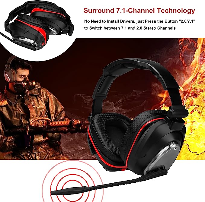 Casque gamer sans fils pour PS4,SWITCH et PC,Casque Gaming avec Micro pour 7.1 Surround et Fortes Basses