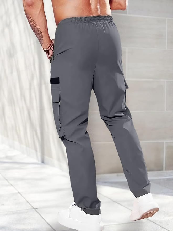 Pantalon cargo pour homme avec taille élastique et cordon de serrage - Pantalon décontracté pour randonnée, escalade, pêche avec poches