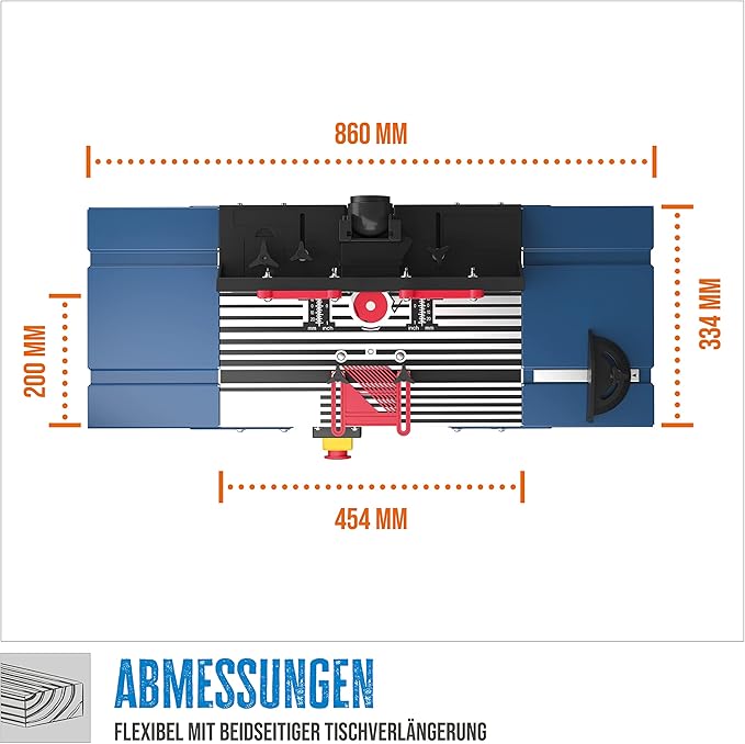 Table de fraisage supérieure Güde (en aluminium moulé sous pression avec rainures de guidage pour butée parallèle, butée d'angle, LxL : 45,4-86x33,4 cm, largeur de travail max. 20 cm, pour fraiseuses avec panier de fraisage ø jusqu'à 15,5 cm)