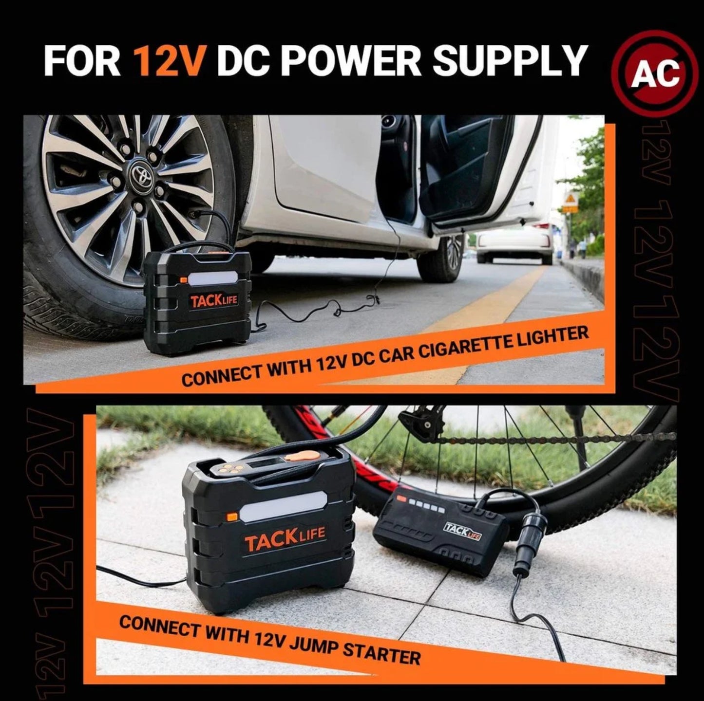 TACKLIFE Pneu De Voiture Gonfleur 12V DC Portable Compresseur D'air avec 3 LED Lumières neuf