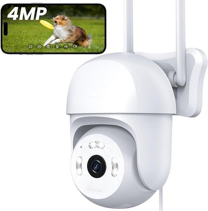 Caméra Surveillance 4MP 360° WiFi Exterieure, PTZ Caméra IP, Suivi Automatique Pan 355° Tilt 90°, Vision Nocturne Couleur, PIR Détection de Mouvement, Audio Bidirectionnel, PC/Sirène/IP65