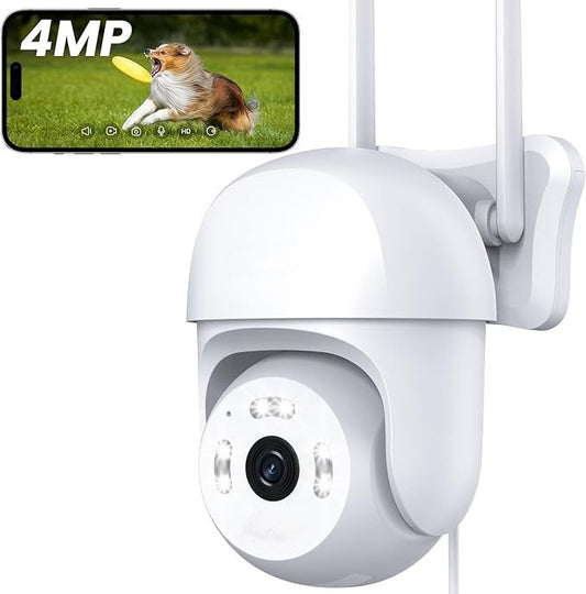 Caméra Surveillance 4MP 360° WiFi Exterieure, PTZ Caméra IP, Suivi Automatique Pan 355° Tilt 90°, Vision Nocturne Couleur, PIR Détection de Mouvement, Audio Bidirectionnel, PC/Sirène/IP65