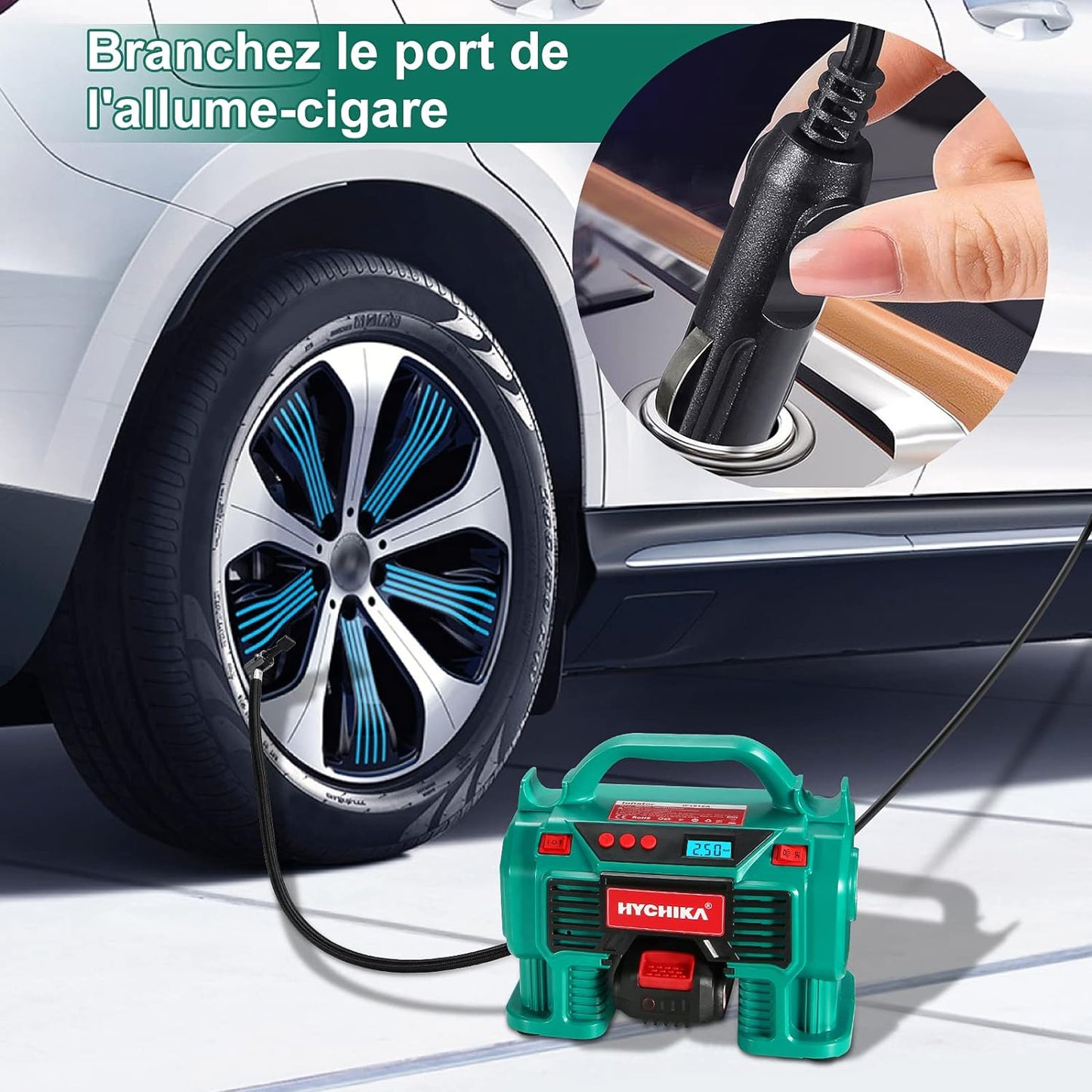 Compresseur d'air Portatif 18V HYCHIKA, Alimenté par 2A Batterie/Allume Cigare 2x2ah + chargeur neuf