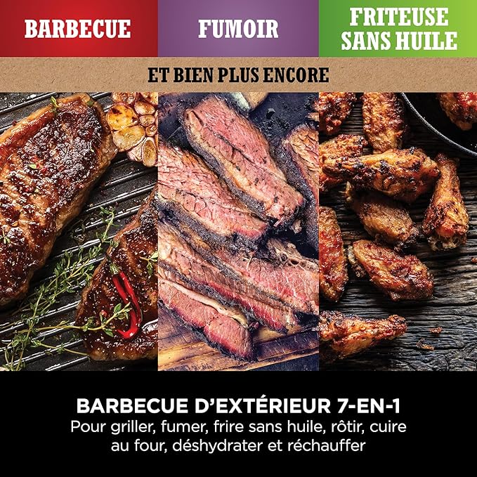 Ninja Woodfire barbecue électrique, grill, fumoir & air fryer, barbecue extérieur 7 en 1, grill, air fryer, fumer, rôtir, four, résistant aux intempéries, antiadhésif, portatif, gris/noir OG701EU