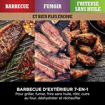 Ninja Woodfire barbecue électrique, grill, fumoir & air fryer, barbecue extérieur 7 en 1, grill, air fryer, fumer, rôtir, four, résistant aux intempéries, antiadhésif, portatif, gris/noir OG701EU