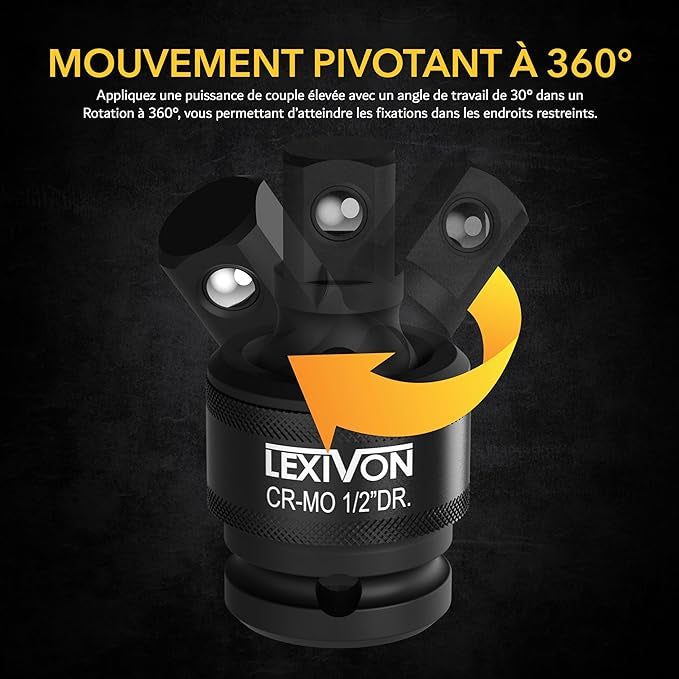 LEXIVON Cardan 1/2" 3/8" et 1/4" pour clé à choc ou cliquet embouts outils, qualité primium neuf