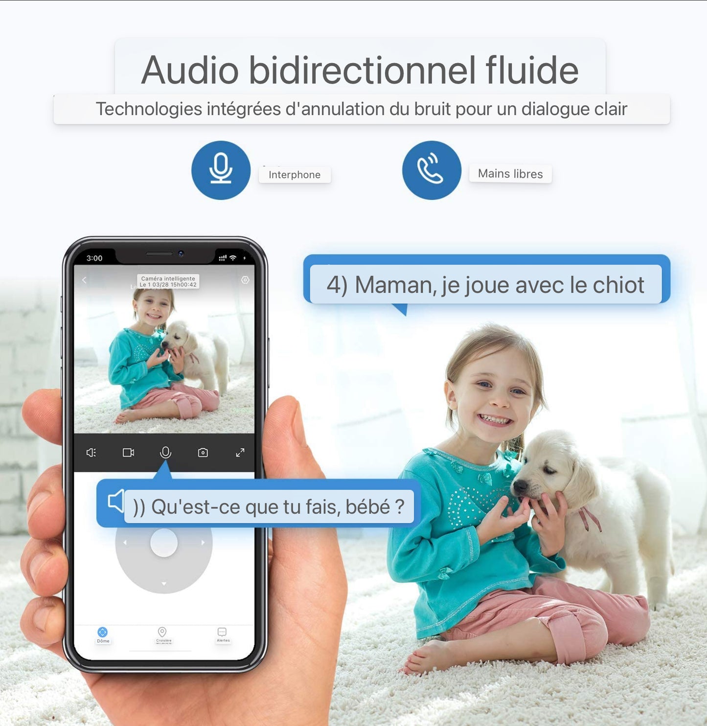 Caméra WiFi pour la sécurité domestique 1080P Pan/Tilt 2.4GHz pour moniteur bébé/animal de compagnie/nounou Vision nocturne Détection de mouvement Audio bidirectionnel Fonctionne avec Alexa