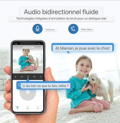 Caméra WiFi pour la sécurité domestique 1080P Pan/Tilt 2.4GHz pour moniteur bébé/animal de compagnie/nounou Vision nocturne Détection de mouvement Audio bidirectionnel Fonctionne avec Alexa