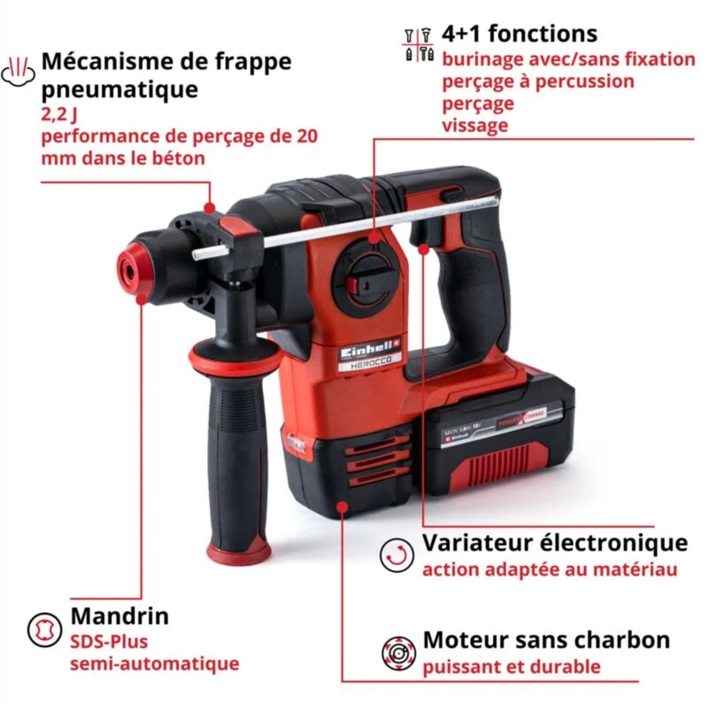 Einhell Professional Marteau Perforateur sans fil HEROCCO +5 - Power X-Change (18V, 2.2J, SDS-Plus, avec coffret de transport E-Box, moteur sans charbon) Livré avec Batterie 3,0Ah et Chargeur