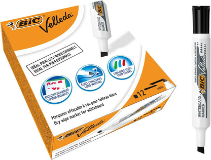 BIC Velleda 1791 Feutres pour Tableau Blanc Effaçables à Sec Pointe Large Biseautée - Noir, Boîte de 12