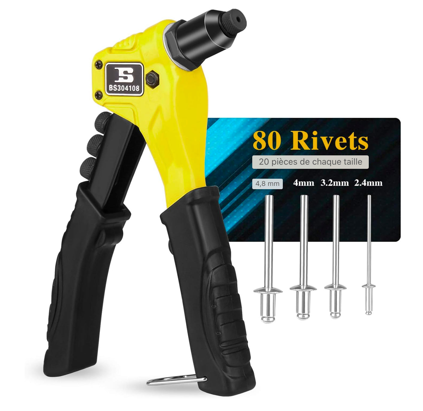 Set de pinces à riveter Pinces à riveter 8”/200mm Pince à riveter aveugle 80 rivets en aluminium 4 embouts interchangeables New-Version