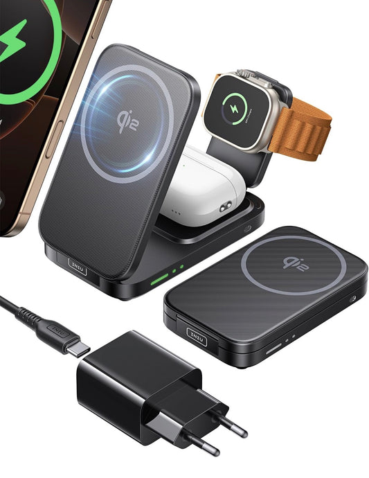 Chargeur Induction 3 en 1, 15W Qi2 Chargeur sans Fil Magnétique
Pliable, Idéal pour Voyages, Station de Charge Rapide Mag-Safe pour Apple Watch iPhone 18-12 AirPods (avec Adaptateur USB C)