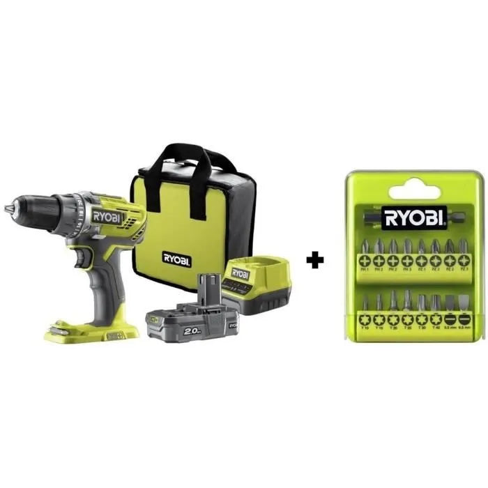 RYOBI Perceuse-visseuse sans fil 18V 50Nm Mandrin 13mm + 1 batterie + chargeur rapide + sac de transport + coffret de vissage