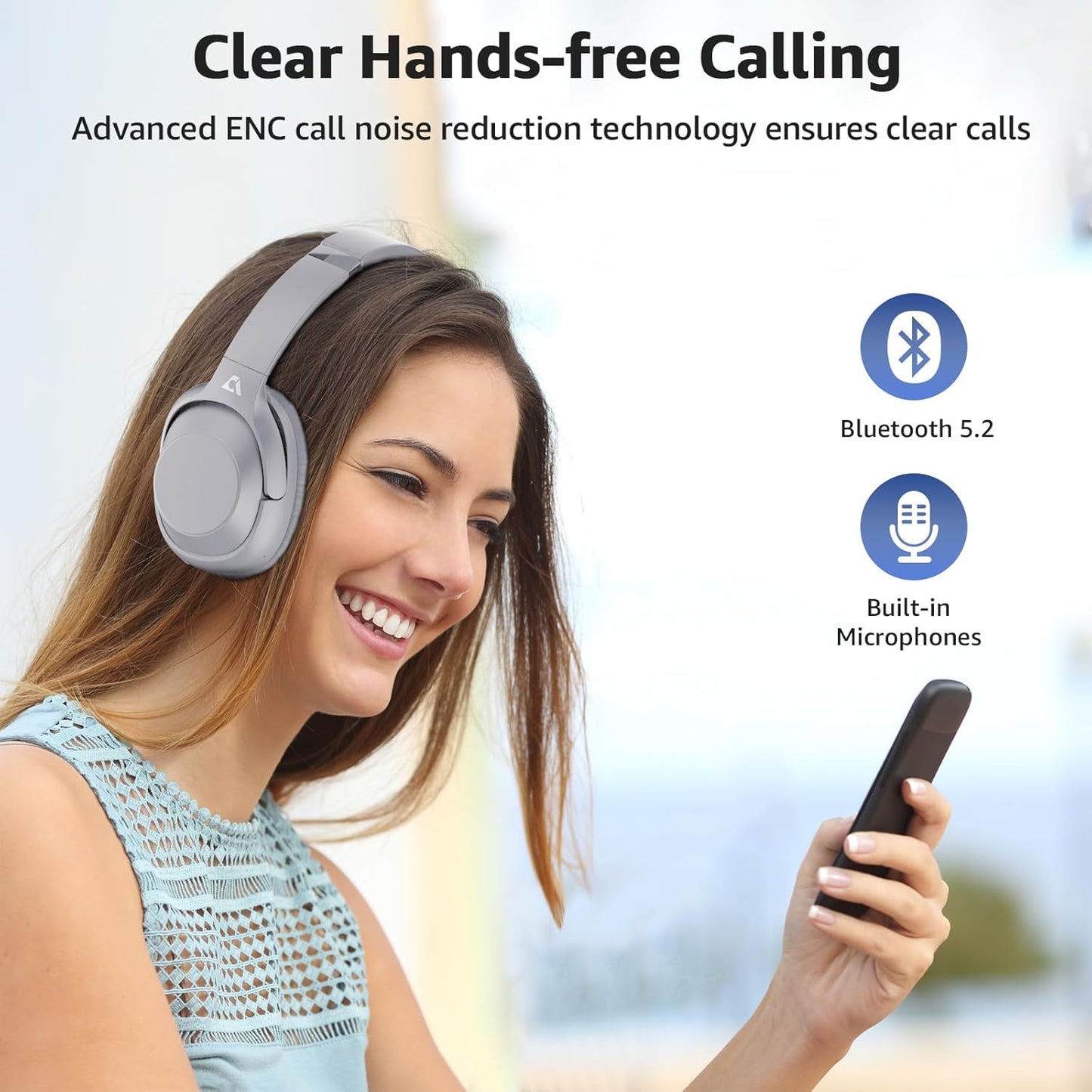 Casque Bluetooth sans Fil Reducteur de Bruit Active, Casque Anti Bruit Bluetooth 5.2, 75 Heures de Récréation, Audio Hi-Res, Confortable, Pliable, pour Voyage/Maison/Travail (Argent)