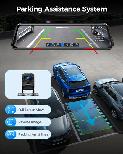 AZDOME PG17 4K Caméra de Tableau de Bord Miroir 12", caméra de rétroviseur WiFi avec caméra arrière étanche 1080P, Carte 64 Go Incluse, GPS, Vision Nocturne WDR, contrôle Vocal, Assistant de Conduite